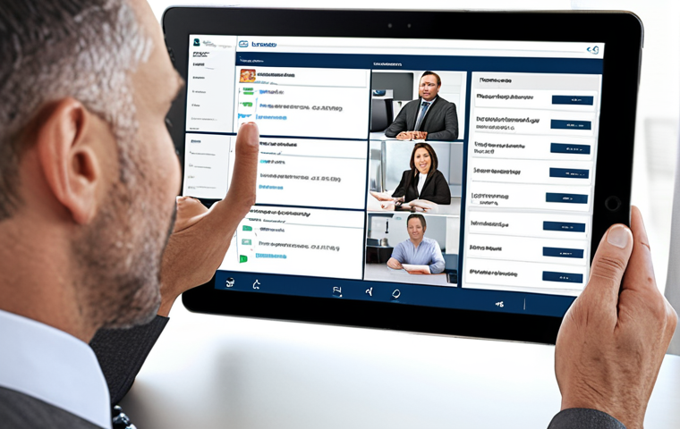 **Prompt:** A modern insurance brokerage office. Visualizes personalized CRM in action. Shows a broker interacting with a client on a tablet displaying customer data and policy history. Focus on organization, accessibility, and improved client relations.