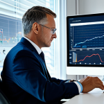 A professional insurance broker in a sharp, modest business suit, seated at a modern, ergonomic desk, attentively reviewing complex data visualizations on a large transparent display. The background is a sophisticated, minimalist office with soft ambient lighting and subtle holographic elements representing global data streams. The broker has a focused, intelligent expression. The image conveys advanced technology integration and data-driven insights. Safe for work, appropriate content, fully clothed, professional dress, perfect anatomy, correct proportions, well-formed hands, proper finger count, natural body proportions, professional photography, high quality, realistic, family-friendly.