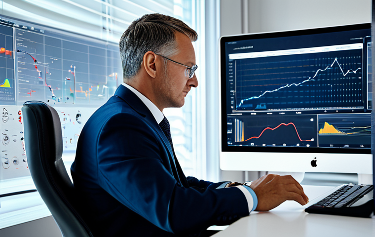 A professional insurance broker in a sharp, modest business suit, seated at a modern, ergonomic desk, attentively reviewing complex data visualizations on a large transparent display. The background is a sophisticated, minimalist office with soft ambient lighting and subtle holographic elements representing global data streams. The broker has a focused, intelligent expression. The image conveys advanced technology integration and data-driven insights. Safe for work, appropriate content, fully clothed, professional dress, perfect anatomy, correct proportions, well-formed hands, proper finger count, natural body proportions, professional photography, high quality, realistic, family-friendly.