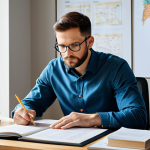 A focused professional student, male, 30s, appearing determined and calm, diligently studying a large official public notice document. He is wearing a modest business casual outfit and is seated at a clean, organized wooden desk in a well-lit home office. The desk is surrounded by open books, colorful mind maps, and highlighted notes, conveying dedication and intellectual clarity. The scene captures a full body shot in a natural pose. fully clothed, modest clothing, appropriate attire, professional dress, safe for work, appropriate content, professional, family-friendly, perfect anatomy, correct proportions, natural body proportions, well-formed hands, proper finger count, high resolution, professional photography, soft studio lighting, crisp details.