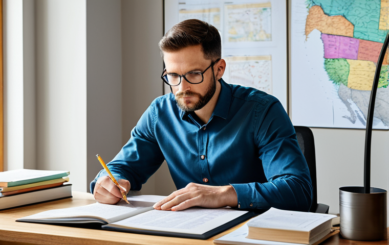 A focused professional student, male, 30s, appearing determined and calm, diligently studying a large official public notice document. He is wearing a modest business casual outfit and is seated at a clean, organized wooden desk in a well-lit home office. The desk is surrounded by open books, colorful mind maps, and highlighted notes, conveying dedication and intellectual clarity. The scene captures a full body shot in a natural pose. fully clothed, modest clothing, appropriate attire, professional dress, safe for work, appropriate content, professional, family-friendly, perfect anatomy, correct proportions, natural body proportions, well-formed hands, proper finger count, high resolution, professional photography, soft studio lighting, crisp details.