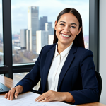 Independent Insurance Broker**

"A professional woman, fully clothed in a modest blazer and dress pants, is sitting at a modern desk in a bright, well-lit office with large windows overlooking a cityscape. She is smiling warmly while looking at a computer screen displaying insurance quotes. 'Safe for work', 'appropriate content', 'professional', 'family-friendly', 'perfect anatomy', 'correct proportions', 'natural pose', 'well-formed hands', 'proper finger count', 'natural body proportions', 'high-quality rendering.'"

**