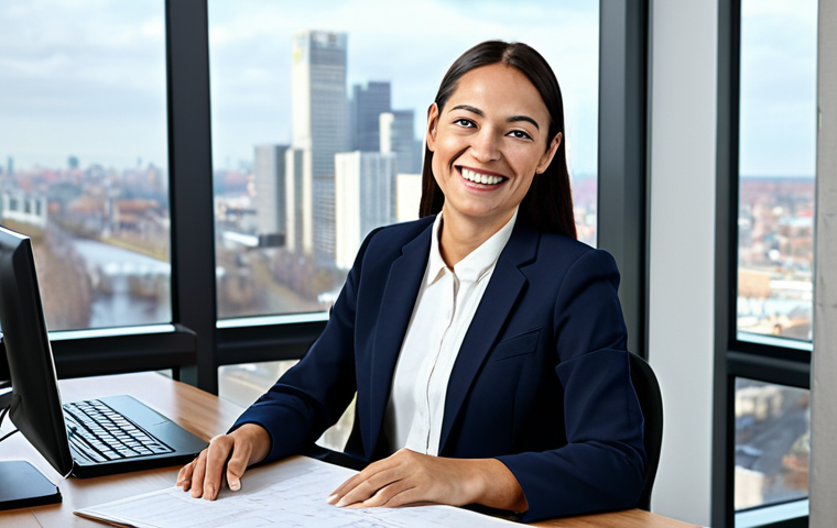 Independent Insurance Broker**
"A professional woman, fully clothed in a modest blazer and dress pants, is sitting at a modern desk in a bright, well-lit office with large windows overlooking a cityscape. She is smiling warmly while looking at a computer screen displaying insurance quotes. 'Safe for work', 'appropriate content', 'professional', 'family-friendly', 'perfect anatomy', 'correct proportions', 'natural pose', 'well-formed hands', 'proper finger count', 'natural body proportions', 'high-quality rendering.'"
**