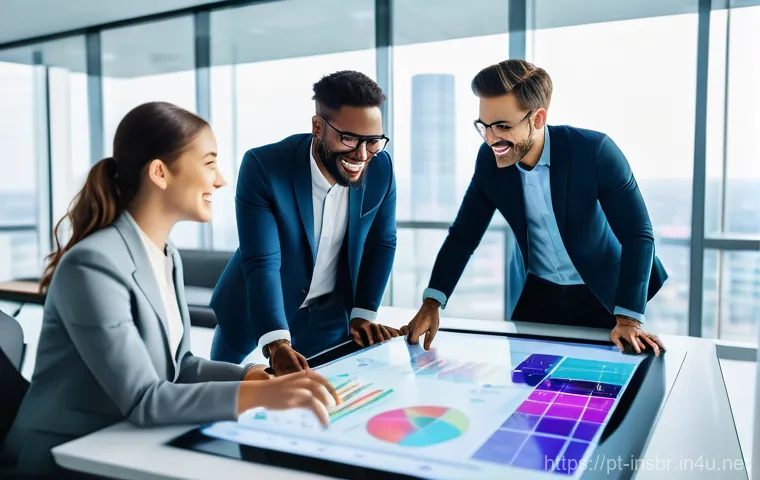 보험중개사와 관련된 팀워크 성공 사례 - **Prompt:** A diverse group of four young professionals, dressed in smart casual business attire, ar...