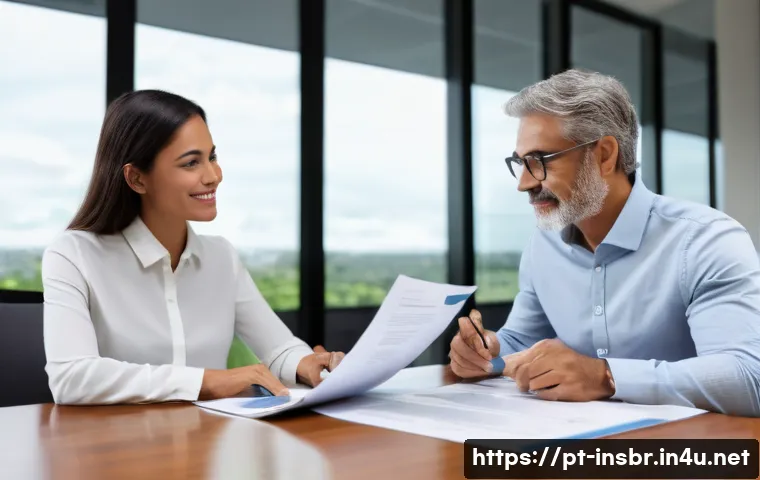 보험중개사와 관련된 윤리적 문제 해결 사례 - A professional insurance agent in a modern Brazilian office, sitting across from a middle-aged clien...