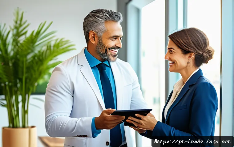 보험중개사와 보험업계 트렌드 - A professional insurance broker in a modern Brazilian office, interacting warmly with a diverse midd...