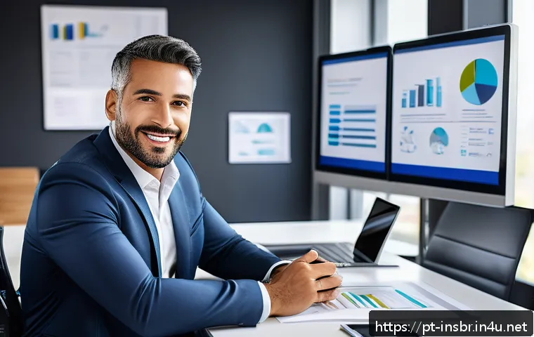 보험중개사 시험 이후 전문성 개발을 위한 팁 - A professional insurance agent in a modern office setting, attentively reviewing digital charts and ...