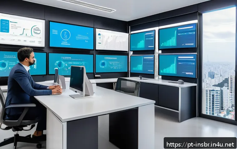 보험중개사와 관련된 최신 테크놀로지 분석 - A modern Brazilian insurance brokerage office with diverse professionals using advanced AI-powered a...