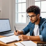 Home 22 보험중개사 필수 자격증 취득 기간 단축법 - A focused young Brazilian adult studying at a neat desk in a bright, quiet home office, surrounded b...