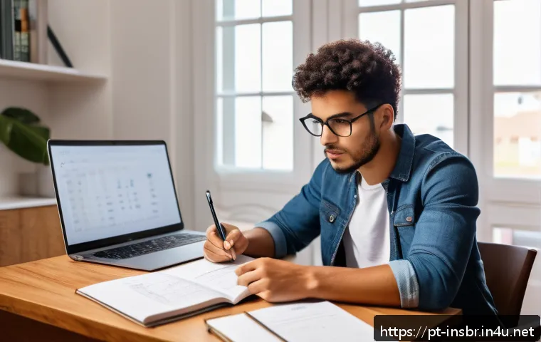 보험중개사 필수 자격증 취득 기간 단축법 - A focused young Brazilian adult studying at a neat desk in a bright, quiet home office, surrounded b...