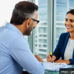 Home 21 보험중개사와 고객 소통 사례 분석 - A professional insurance agent sitting at a modern office desk in São Paulo, Brazil, engaged in a fr...