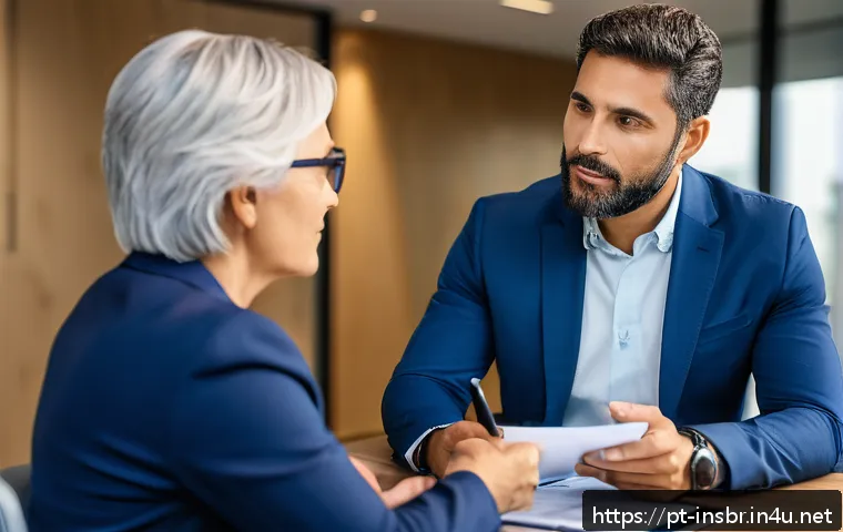 보험중개사 업무에서 발생한 재미있는 사례 - A professional insurance agent patiently explaining a complex policy change to a middle-aged Brazili...