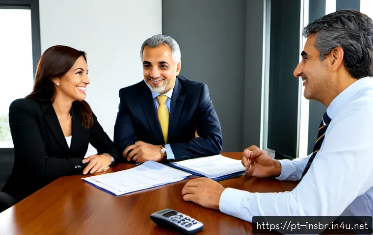 보험중개사와 고객의 관계 유지 방법 - Photorealistic Brazilian insurance broker warmly meeting a middle-aged Portuguese-speaking couple in...