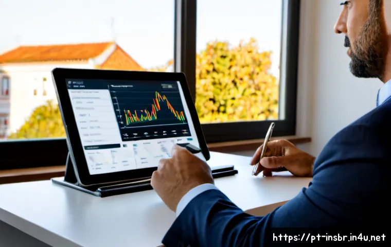 보험중개사와 관련된 최신 보험 기술 분석 - Photorealistic insurance technology analysis scene in a modern Lisbon brokerage office, a middle-age...